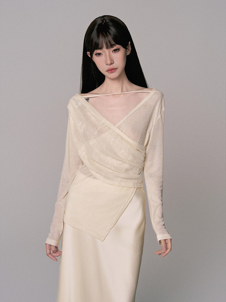 Cache-Coeur Sheer Asymmetry Satin Chic Blouse&Long-Skirt