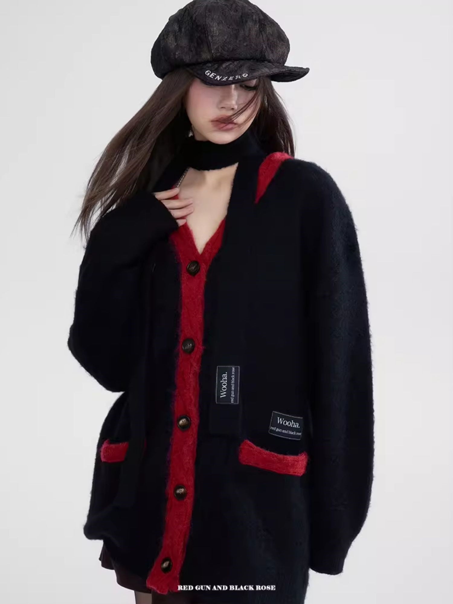 바이 컬러 대형 캐주얼 한 느슨한 v- 넥 카디건