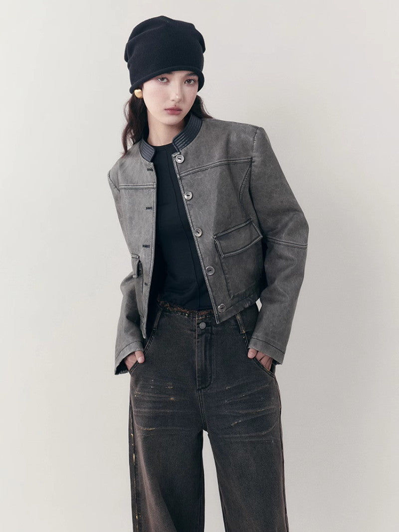 Leather Casual Handsome Set-Up Jacket&Mini-Skirt