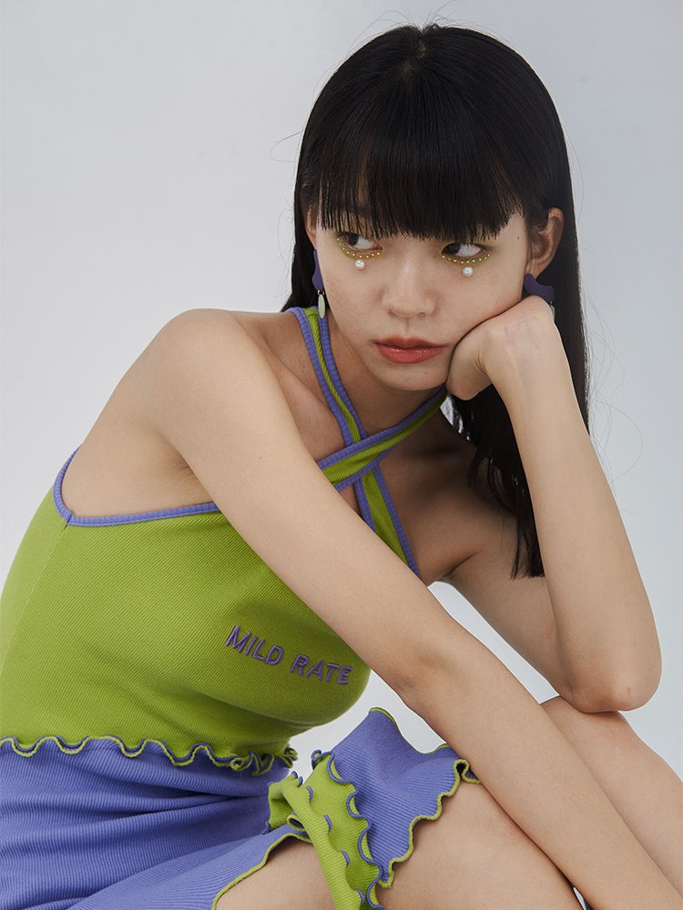 Knit Halter-Neck Ruffle Nichi Unique Bi-Color One-Piece