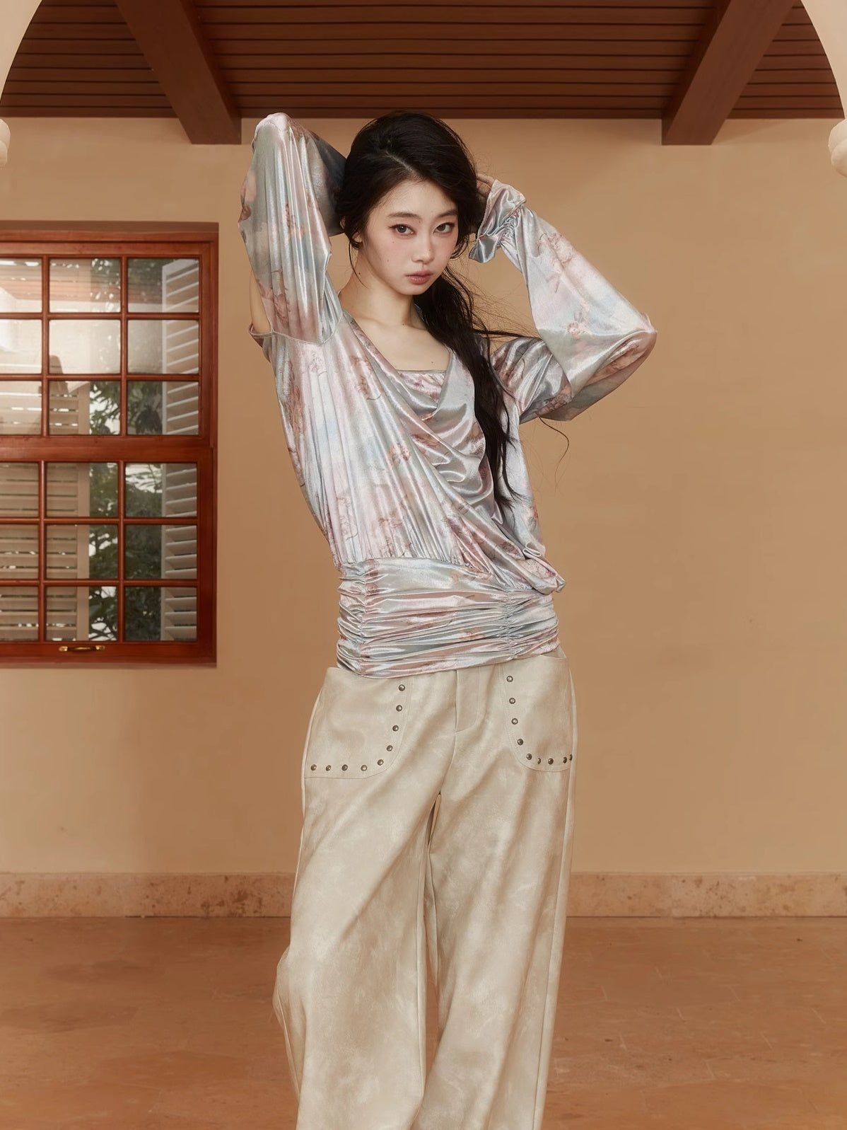 Velvet Cotton-Candy Drape High-End High-End V-Ausschnitt Candy-Sleeve Open-Shoulder Bluse & Rock