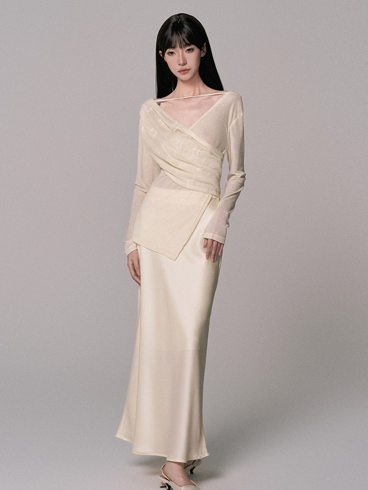 Cache-Coeur Sheer Asymmetry Satin Chic Blouse&Long-Skirt