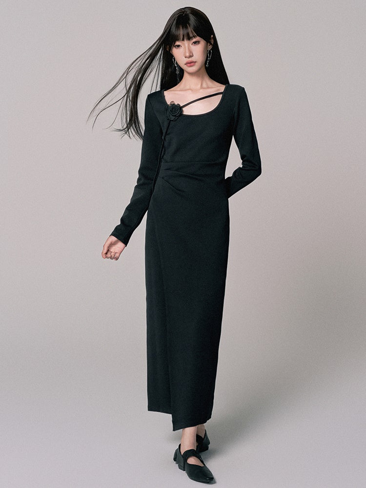 Simple Long Flower-Motif Chic Long-Sleeve Dress