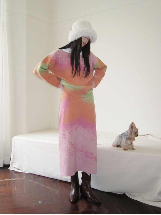Set-Up Gradation Knit Fancy Loose Cover Tops&Long-Skirt