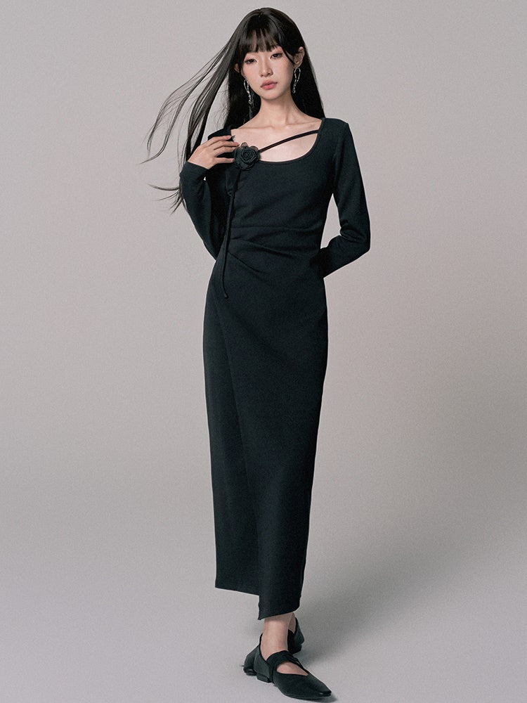 Simple Long Flower-Motif Chic Long-Sleeve Dress