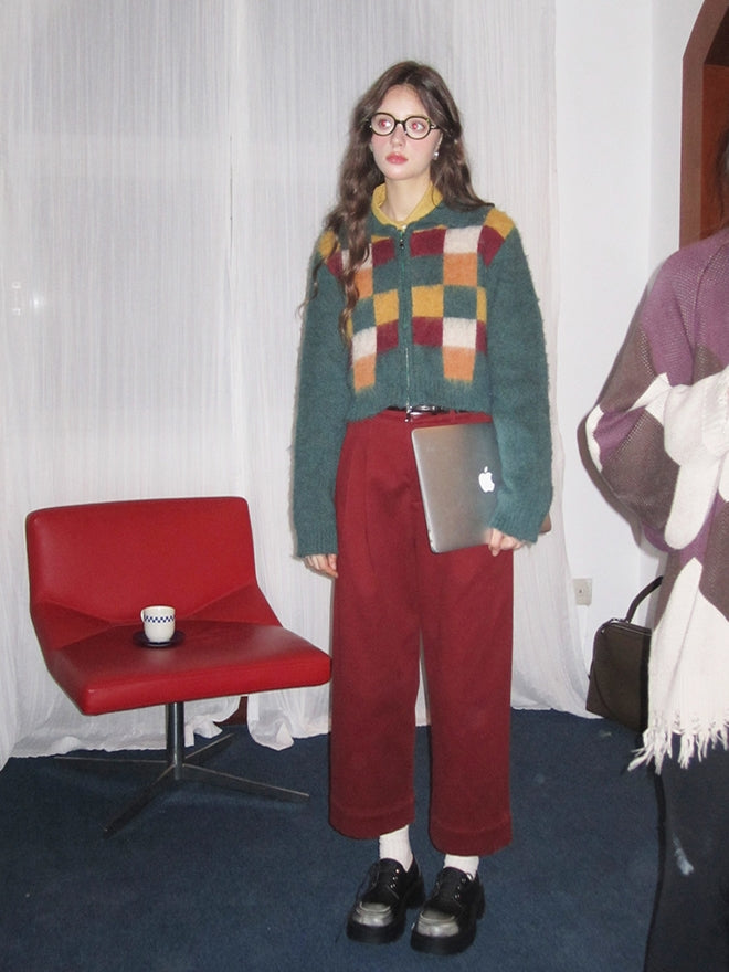 Retro Square Patchwork Fluffily Crew-Neck Zip Mohair-Knit