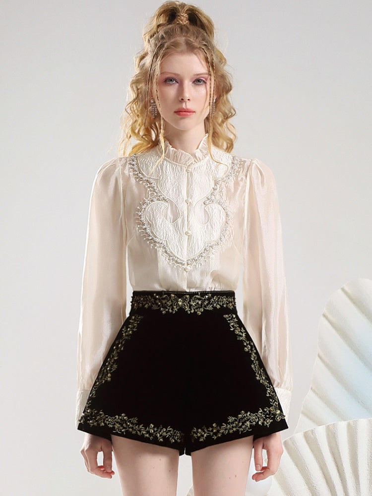 Embroidery Elegant Tassel Flower Chic Blouse&Short-Pants