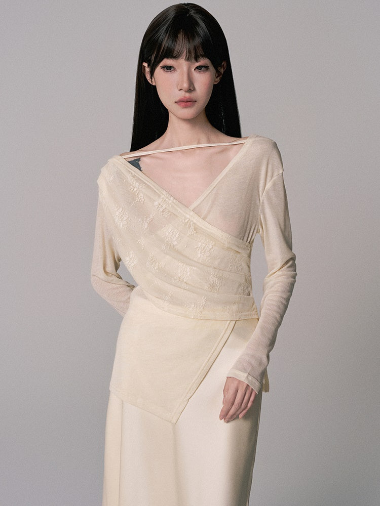 Cache-Coeur Sheer Asymmetry Satin Chic Blouse&Long-Skirt