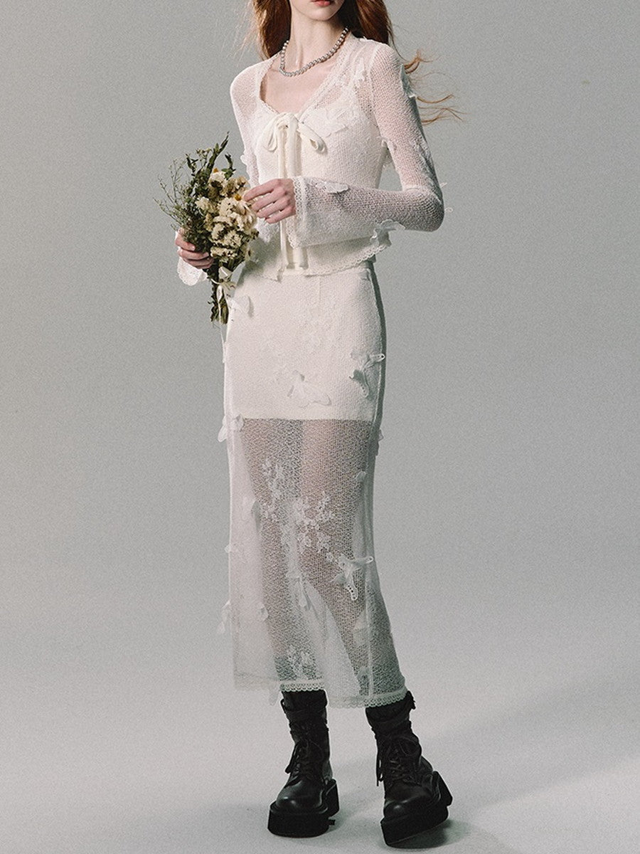 Set-Up Mesh See-Through Knit Cardigan&Camisole&Long-Skirt