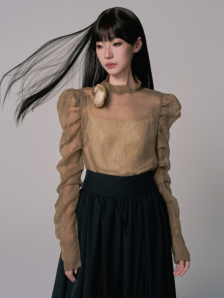 2Set Set-Up See-Through High-Neck Blouse&Camisole