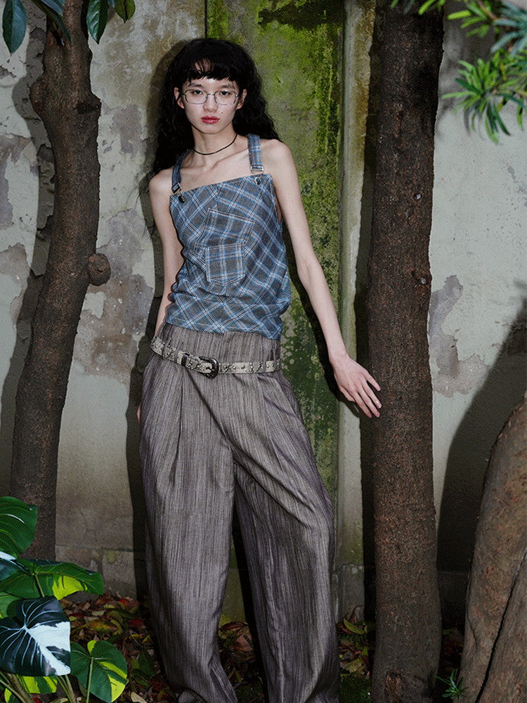 Back-Open Suspenders Checked Retro Patchwork Tops
