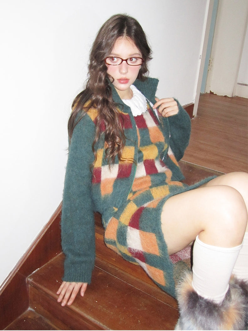 Retro Square Patchwork Fluffily Crew-Neck Zip Mohair-Knit