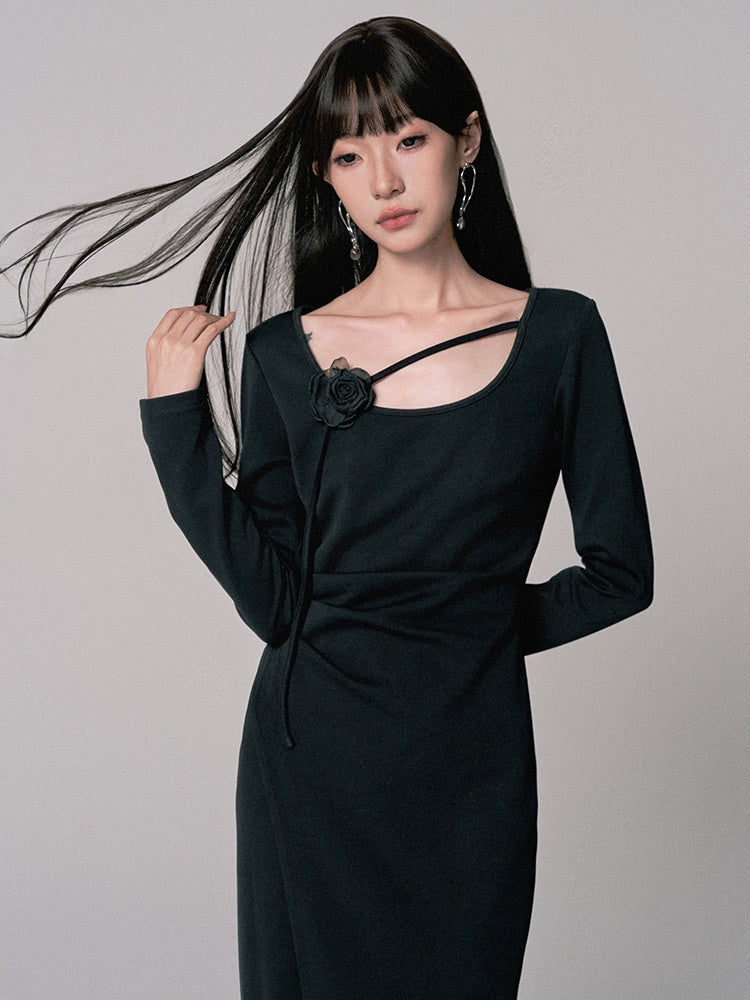 Simple Long Flower-Motif Chic Long-Sleeve Dress