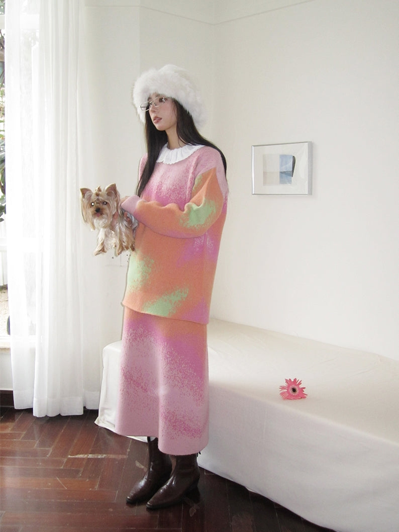 Set-Up Gradation Knit Fancy Loose Cover Tops&Long-Skirt