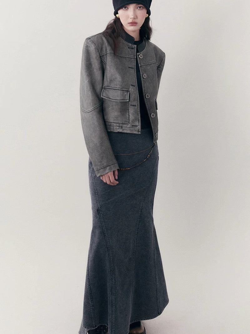Leather Casual Handsome Set-Up Jacket&Mini-Skirt