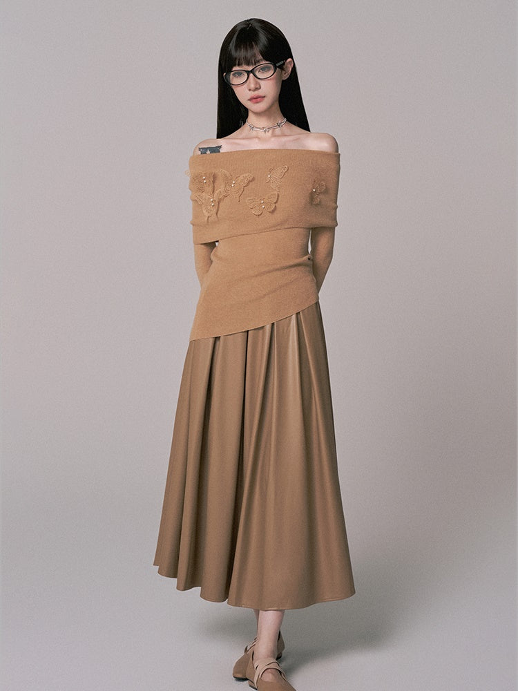 Knit&Long-Skirt Off-Shoulder Flower Thin Plain Chic Set-Up