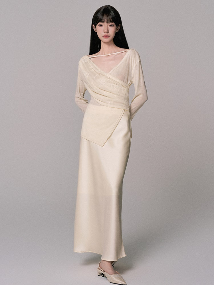 Cache-Coeur Sheer Asymmetry Satin Chic Blouse&Long-Skirt