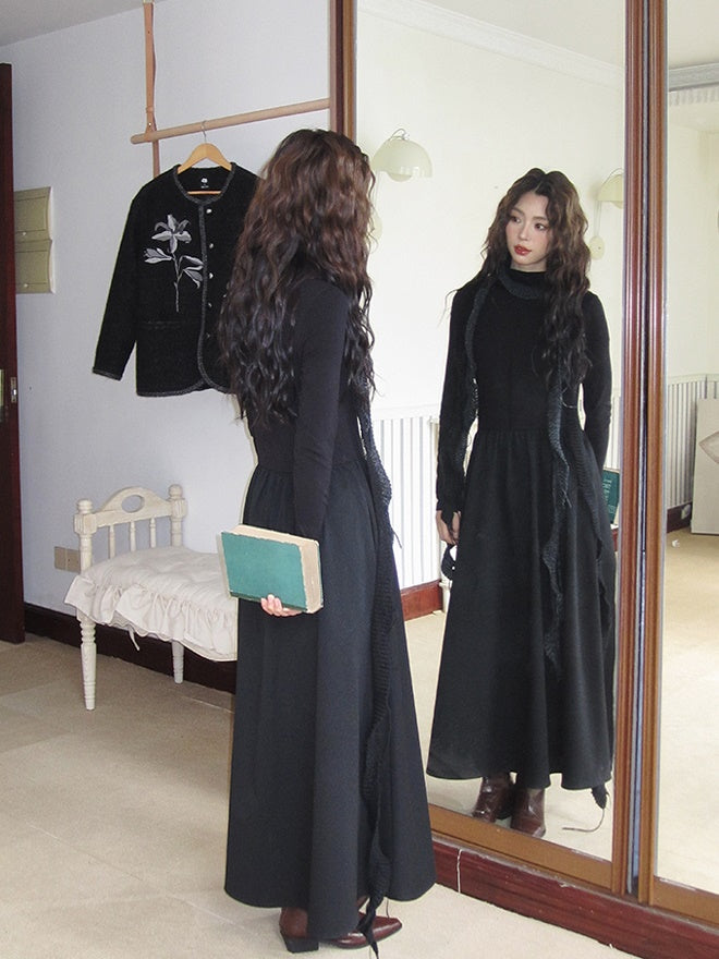 Slim Monotone Long Ruffle Simple Chic One-Piece