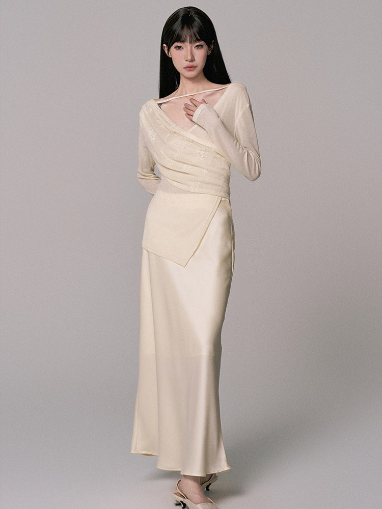 Cache-Coeur Sheer Asymmetry Satin Chic Blouse&Long-Skirt
