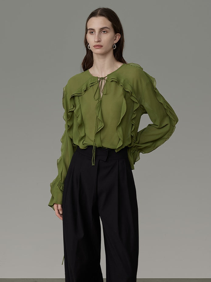 Ciffon Ruffle Drawstring Loose Chic Blouse