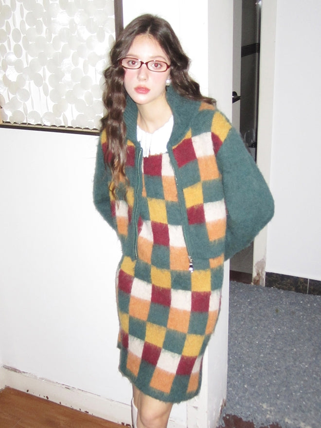 Retro Square Patchwork Fluffily Crew-Neck Zip Mohair-Knit