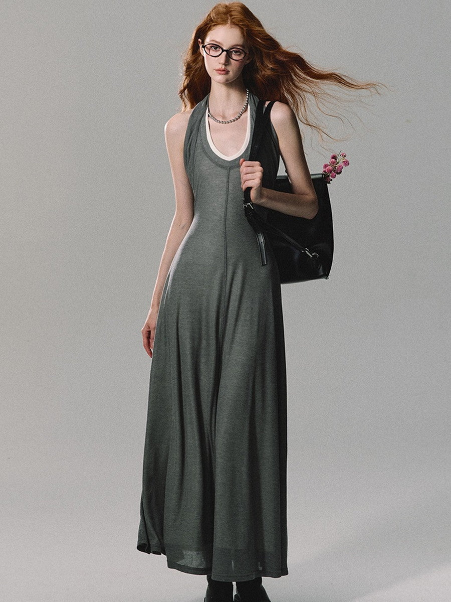Halter-Neck Long Layered Bi-Color Back-Open Dress Halter-Neck Long Layered Bi-Color Back-Open Dress