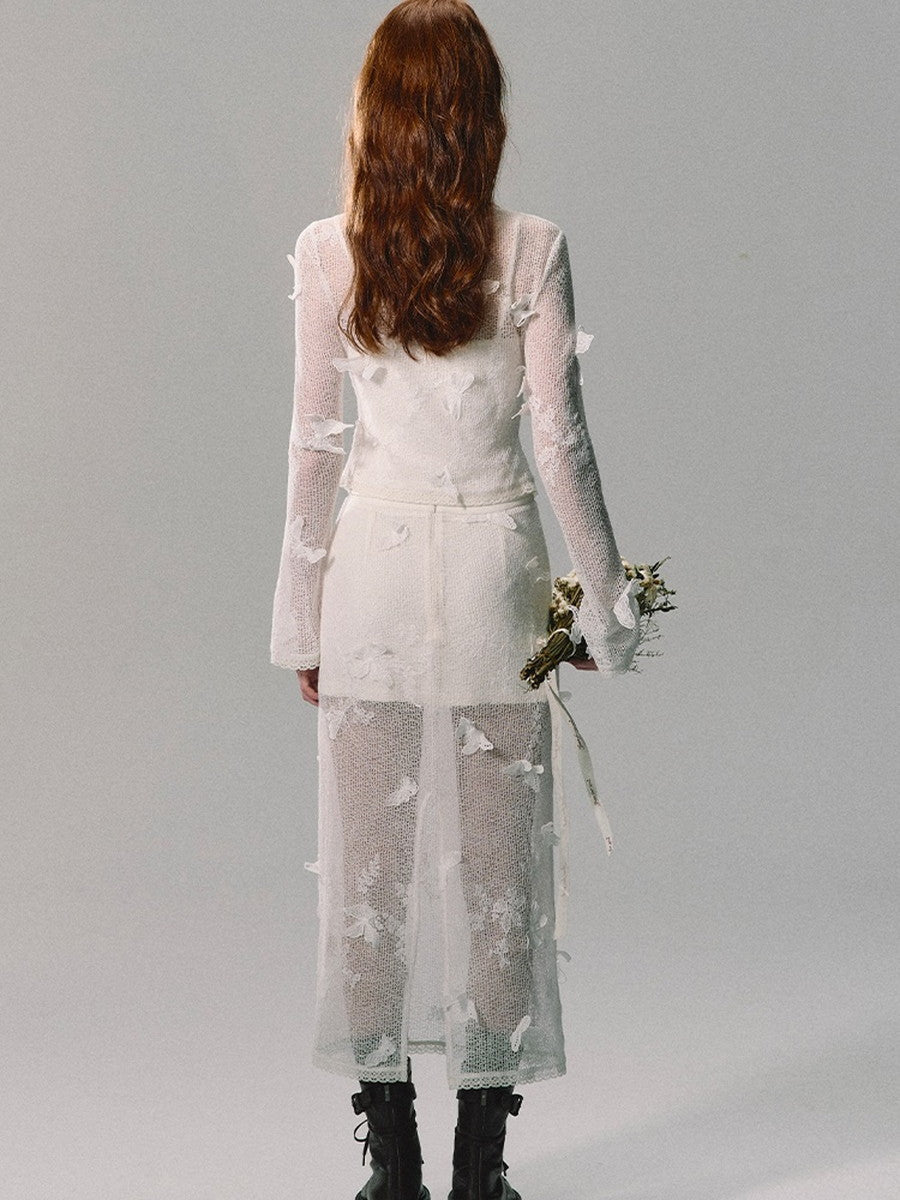 Set-Up Mesh See-Through Knit Cardigan&Camisole&Long-Skirt