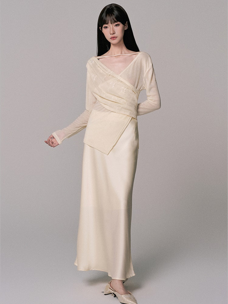 Cache-Coeur Sheer Asymmetry Satin Chic Blouse&Long-Skirt