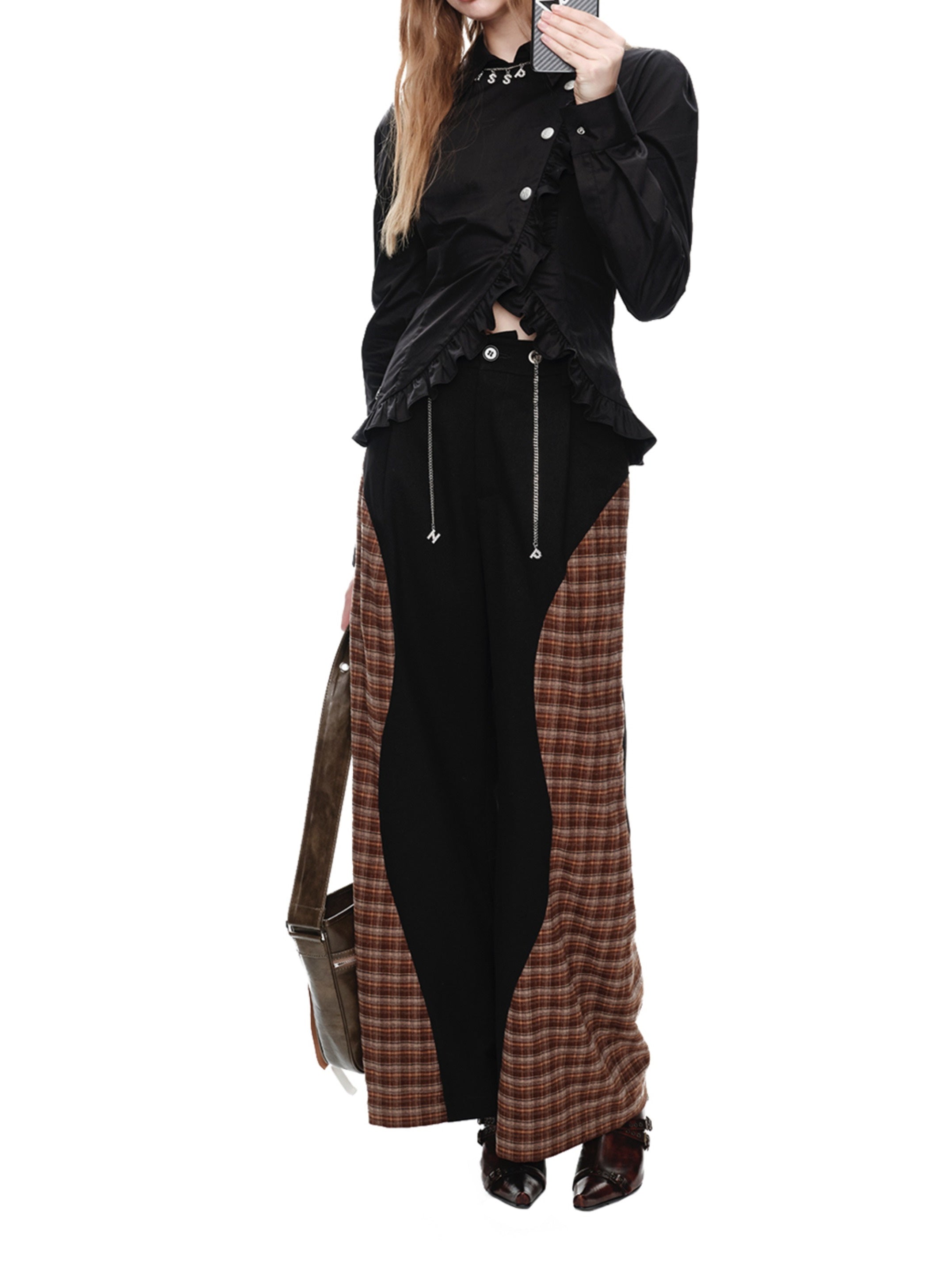 Mix Checked Casual Retro Straight Flare-Pants