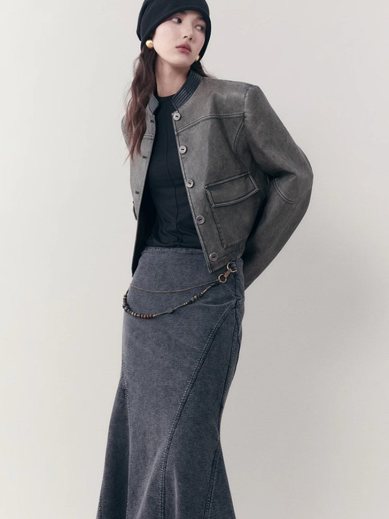 Leather Casual Handsome Set-Up Jacket&Mini-Skirt