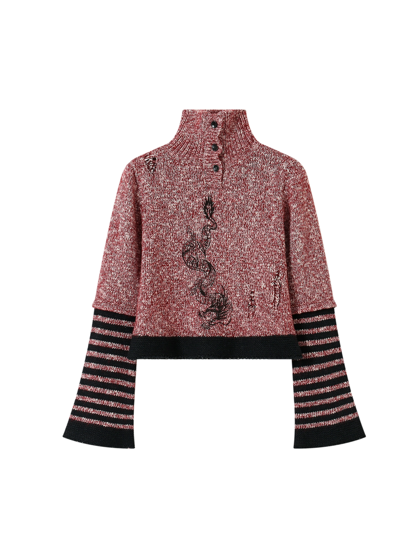 Embroidery High-Neck Border Retro Casual Knit