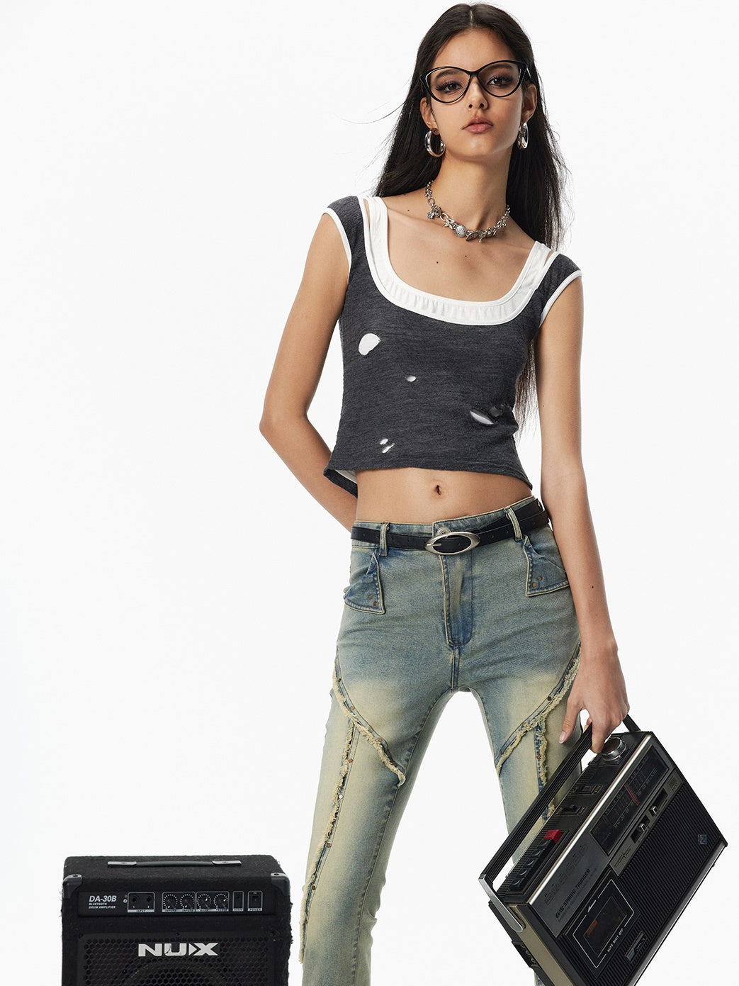 데미지 니치 레이어드 모노톤 크롭 탱크탑