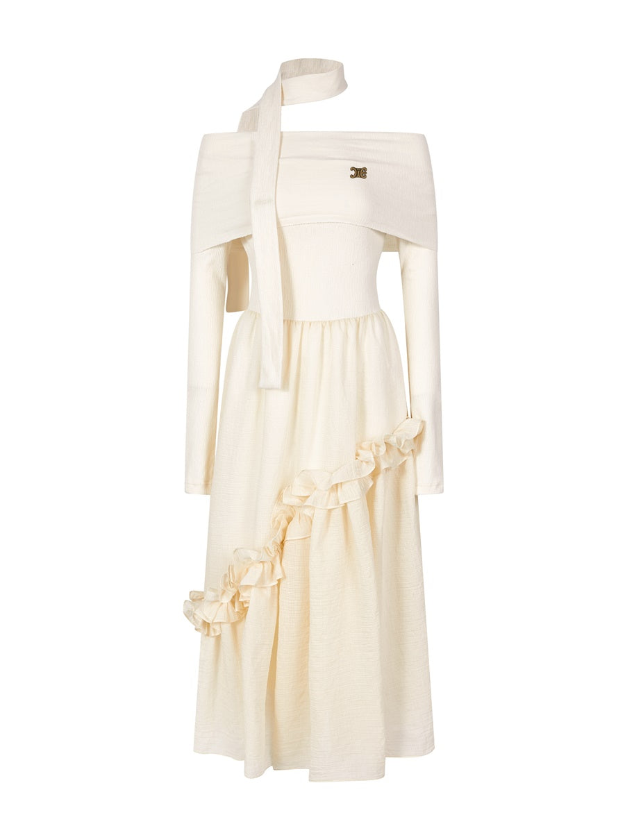 오프 숄더 프릴스 비대칭 레트로 원피스