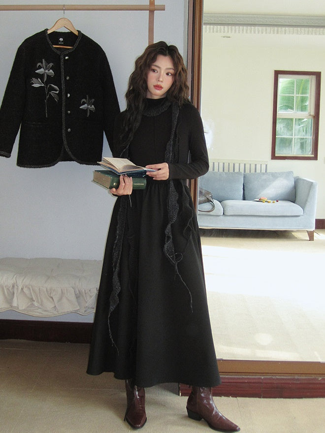 Slim Monotone Long Ruffle Simple Chic One-Piece