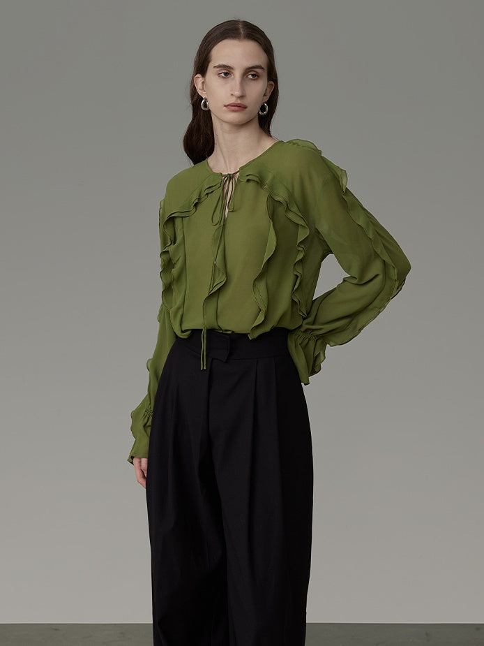 Ciffon Ruffle Drawstring Loose Chic Blouse