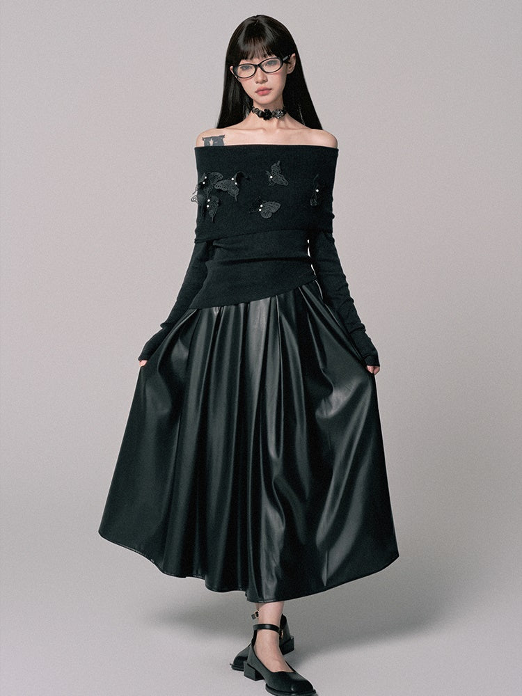 Knit&Long-Skirt Off-Shoulder Flower Thin Plain Chic Set-Up