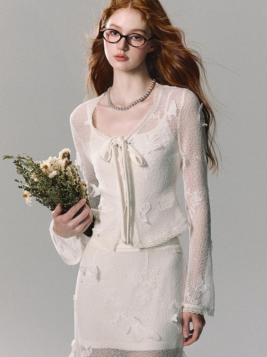 Set-Up Mesh See-Through Knit Cardigan&Camisole&Long-Skirt