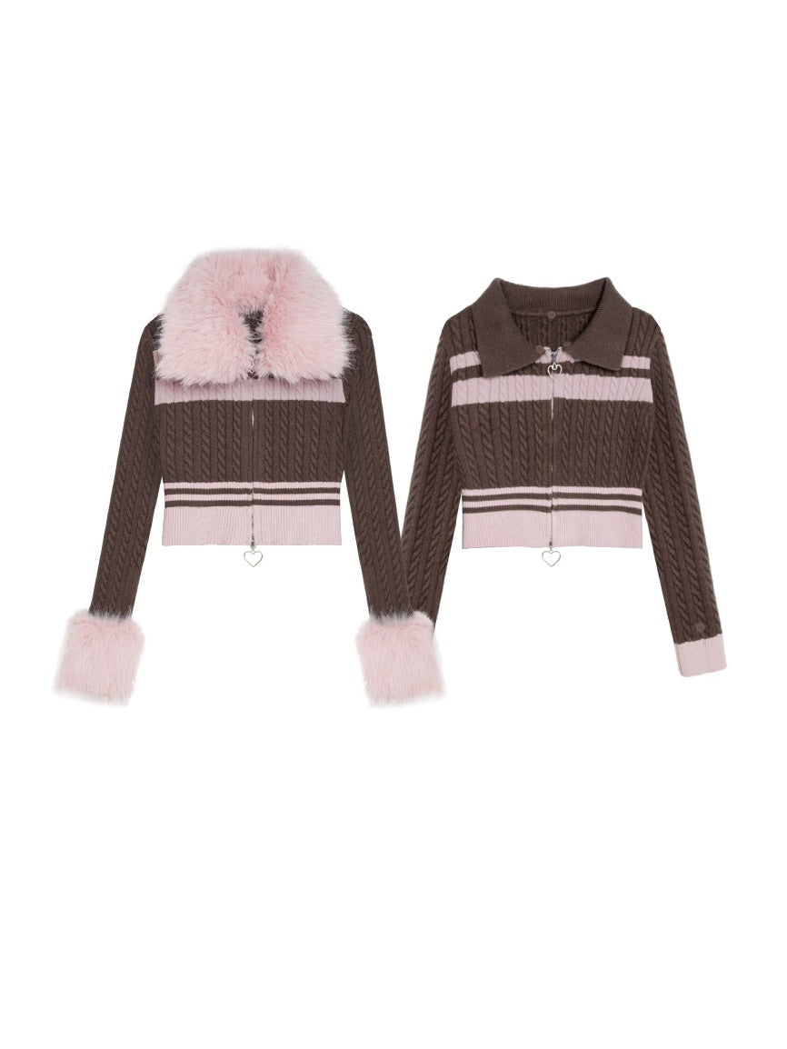 Abnehmbarer Fur-Retro-Retro-Grenze-Doppel-Zip-Strick