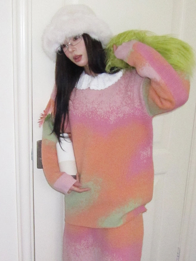 Set-Up Gradation Knit Fancy Loose Cover Tops&Long-Skirt