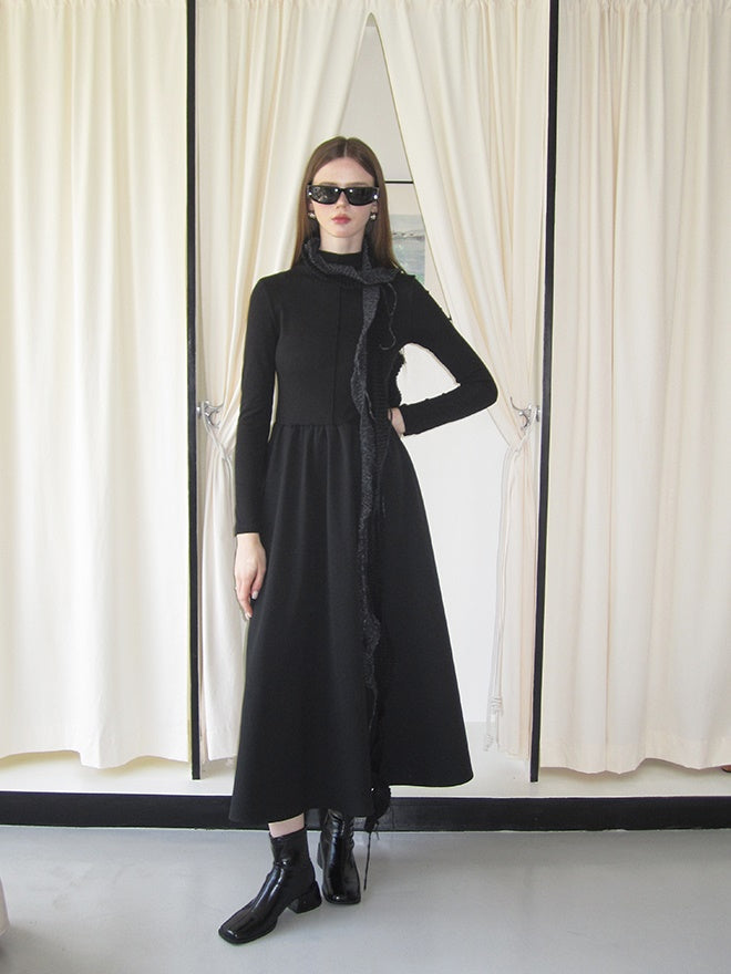 Slim Monotone Long Ruffle Simple Chic One-Piece