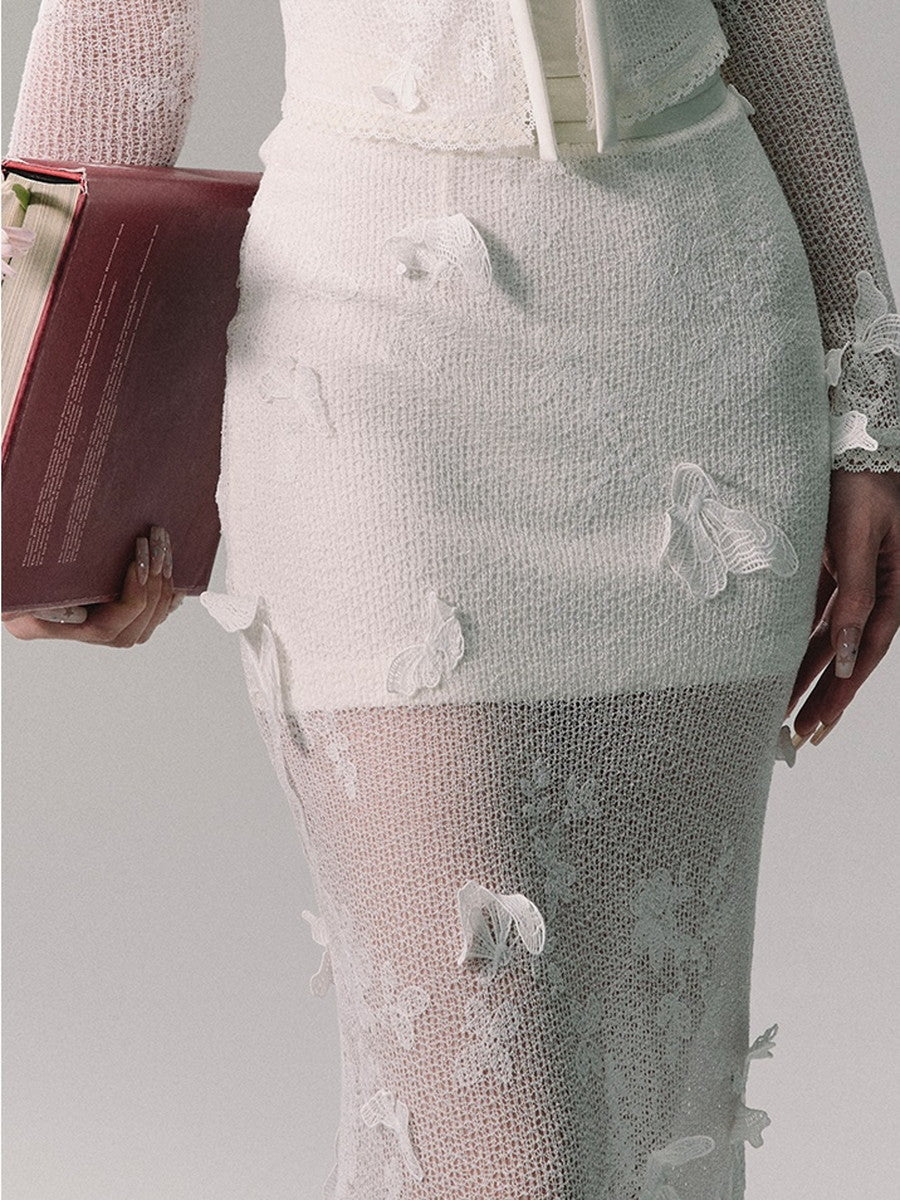 Set-Up Mesh See-Through Knit Cardigan&Camisole&Long-Skirt