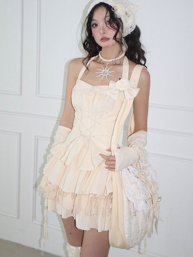 Set-Up Lace-Up Star Tiered Mesh Lace Halter-Neck Tops&Mini-Skirt