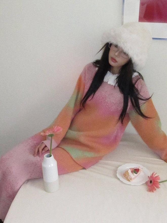 Set-Up Gradation Knit Fancy Loose Cover Tops&Long-Skirt