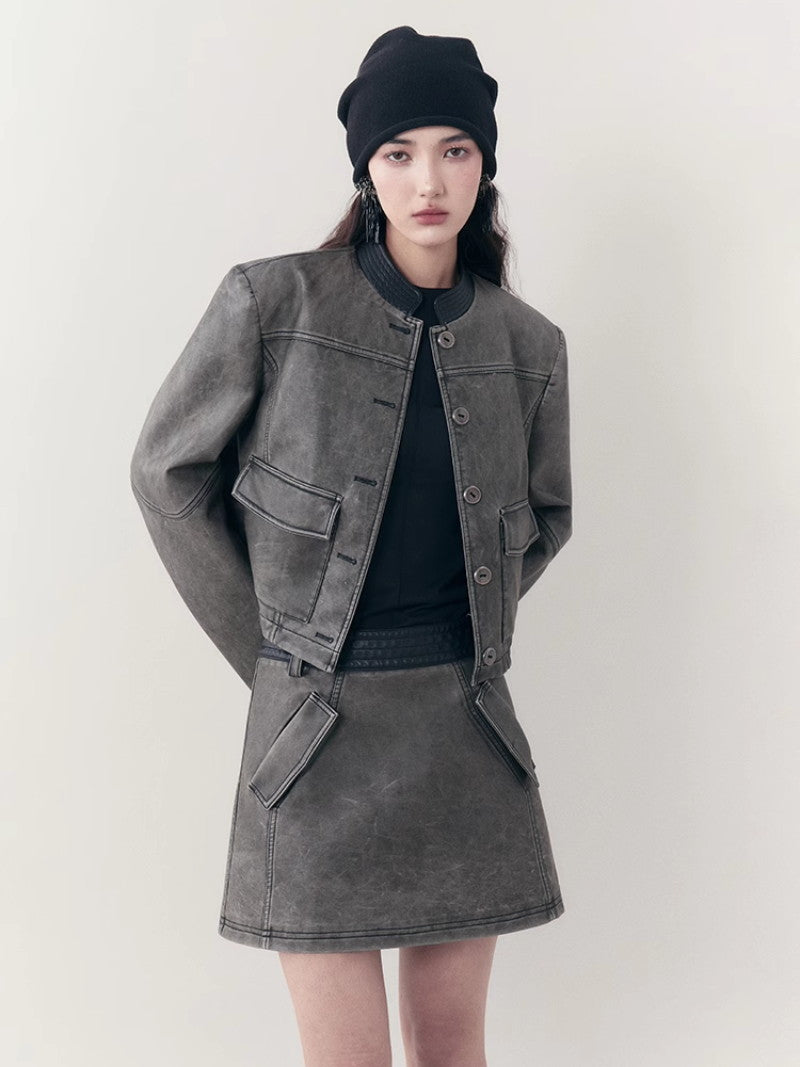 Leather Casual Handsome Set-Up Jacket&Mini-Skirt