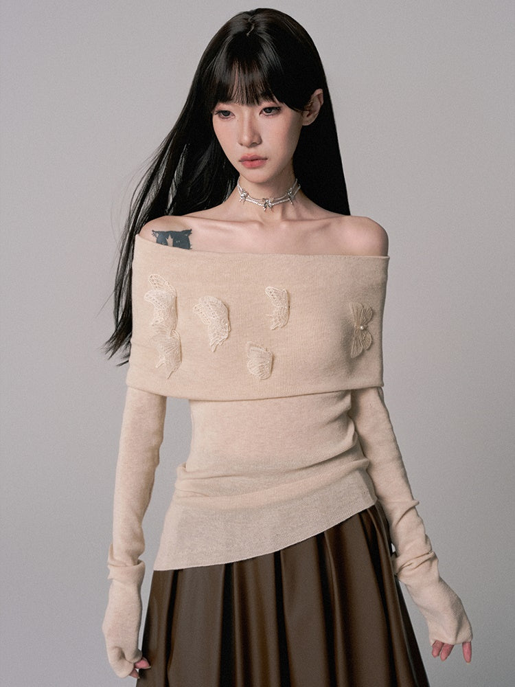 Knit&Long-Skirt Off-Shoulder Flower Thin Plain Chic Set-Up