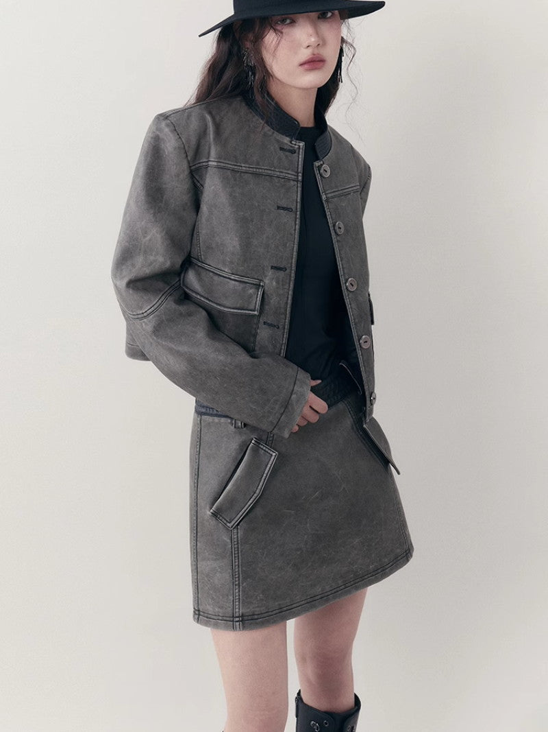 Leather Casual Handsome Set-Up Jacket&Mini-Skirt