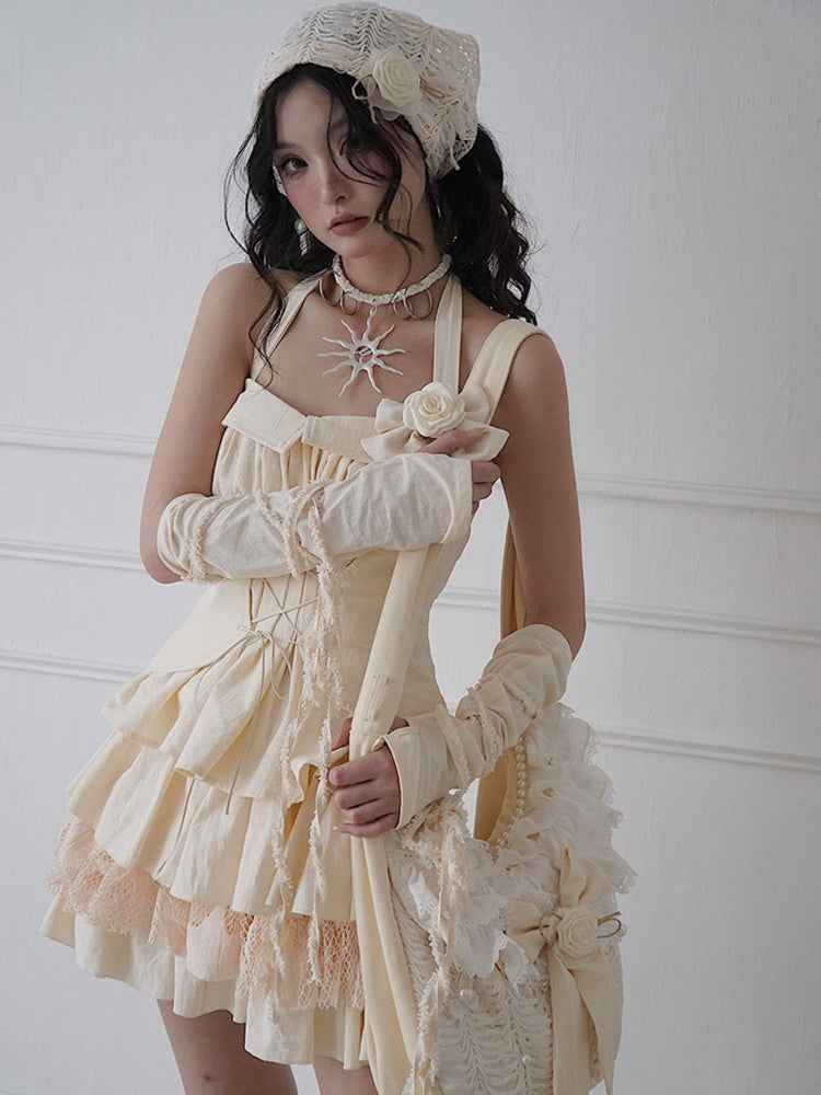 Set-Up Lace-Up Star Tiered Mesh Lace Halter-Neck Tops&Mini-Skirt