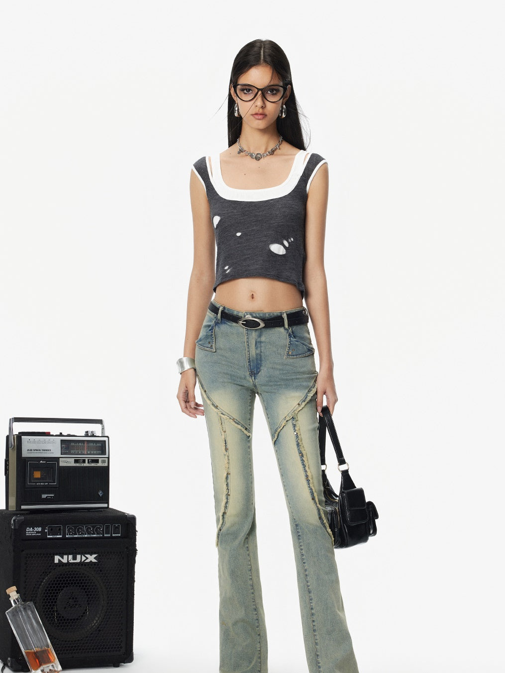 데미지 니치 레이어드 모노톤 크롭 탱크탑