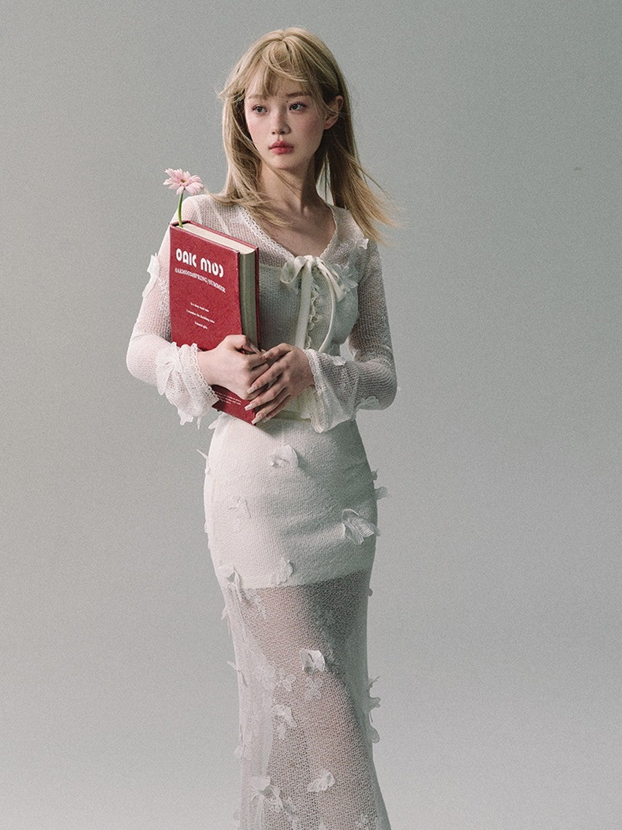 Set-Up Mesh See-Through Knit Cardigan&Camisole&Long-Skirt