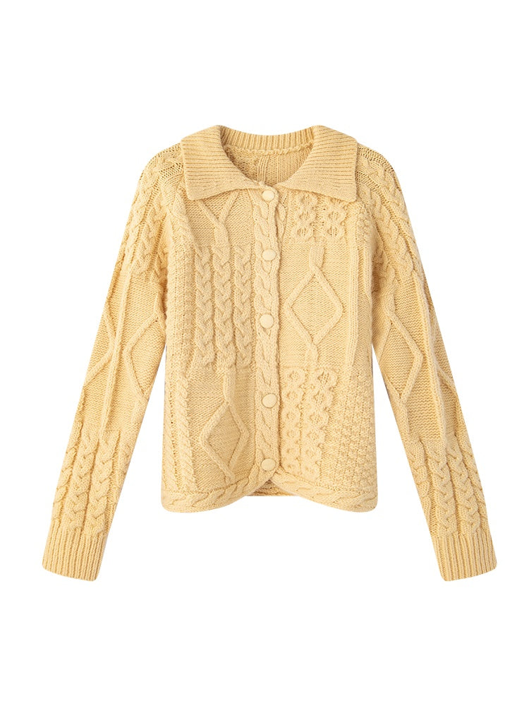 Button Retro Polo-Neck Cardigan Cable-Knit
